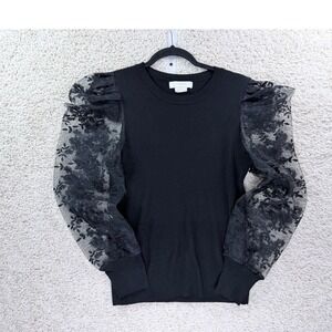 Cocobleu Top Women Medium Black Excellent Lace Puff Sleeve Ribbed Knit 2356598